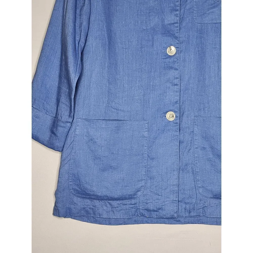 Lauren Ralph Lauren Womens Linen Blazer Smock Coat Light Blue‎ Pockets button up